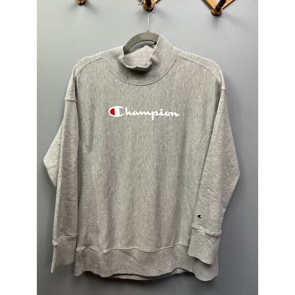 Champion reverse weave mockneck Sweatshirt Mens medium gray‎ spellout Comfy - Picture 1 of 7